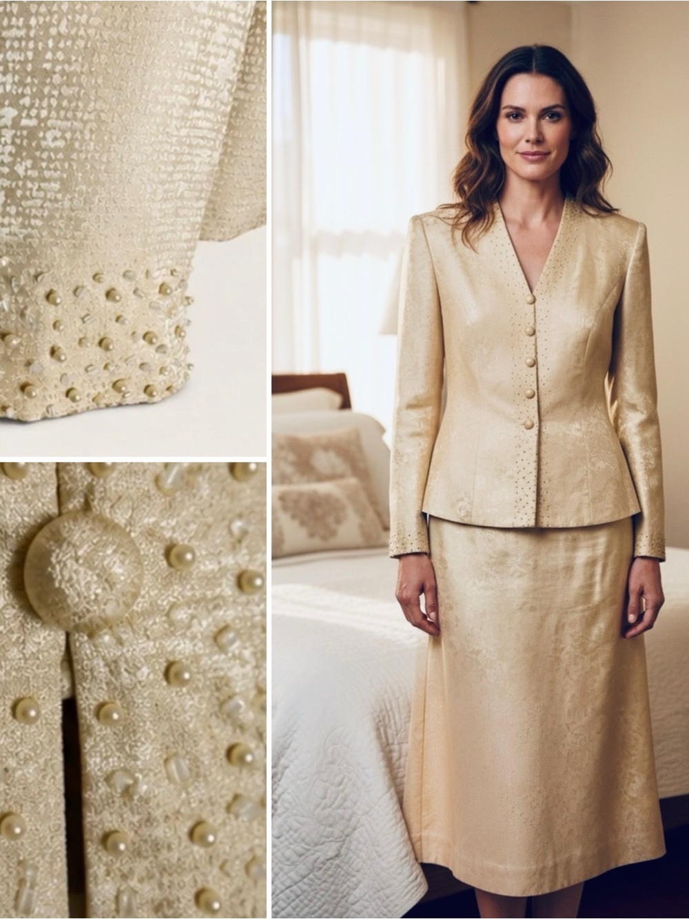 Papell Petites 8P 100% Silk Beaded Jacquard Jacket Skirt Suit Champagne